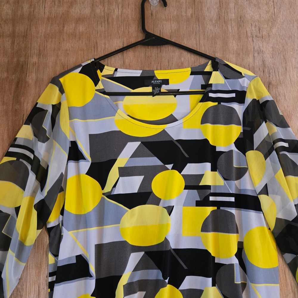 Alfani Petite Geometric Polka Dot Long Sleeve Top Yellow Grey Black P/L